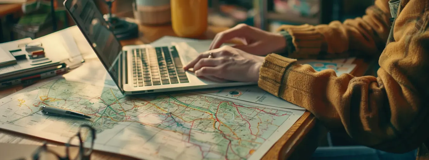 Home Building Leads Using Local SEO Techniques 3 a person typing on a laptop surrounded by maps and charts, conducting in-depth local keyword research for a home building company.