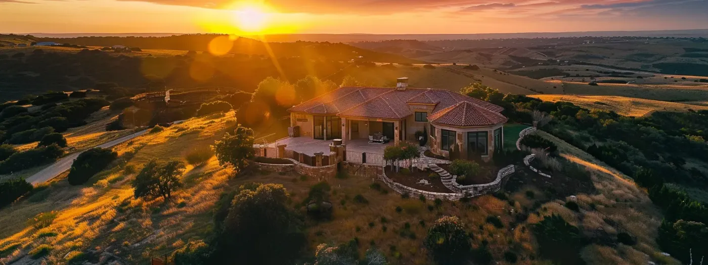 Why Visuals Are Key in Home Builder Social Media Strategies 3 a stunning aerial shot of a newly built home at sunset, showcasing its unique design and beautiful surroundings.