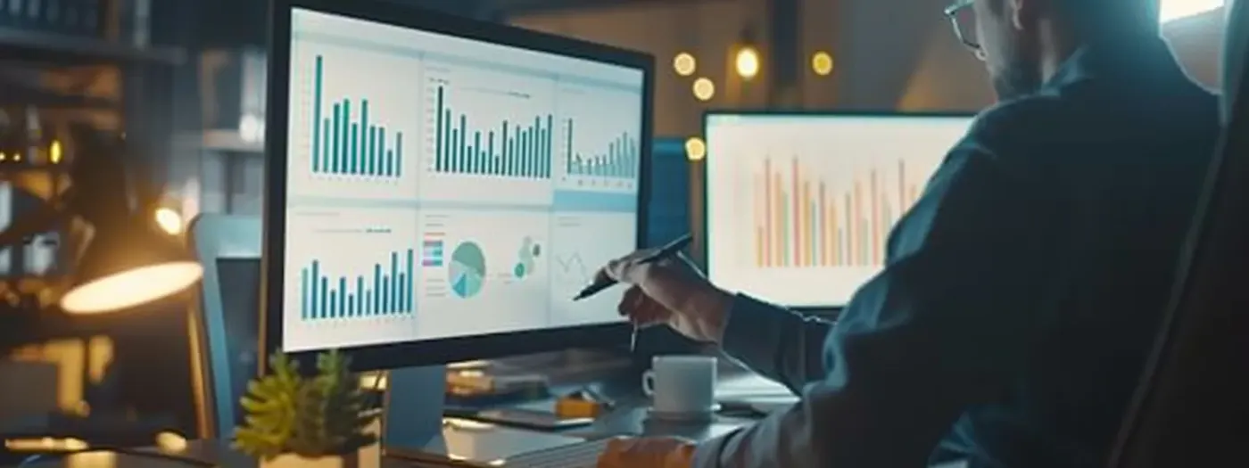Home Builder Email Marketing: Essential Metrics for Success 3 a person analyzing a computer screen with graphs and charts showing email marketing metrics like open rates and conversion rates in a bright, modern office.