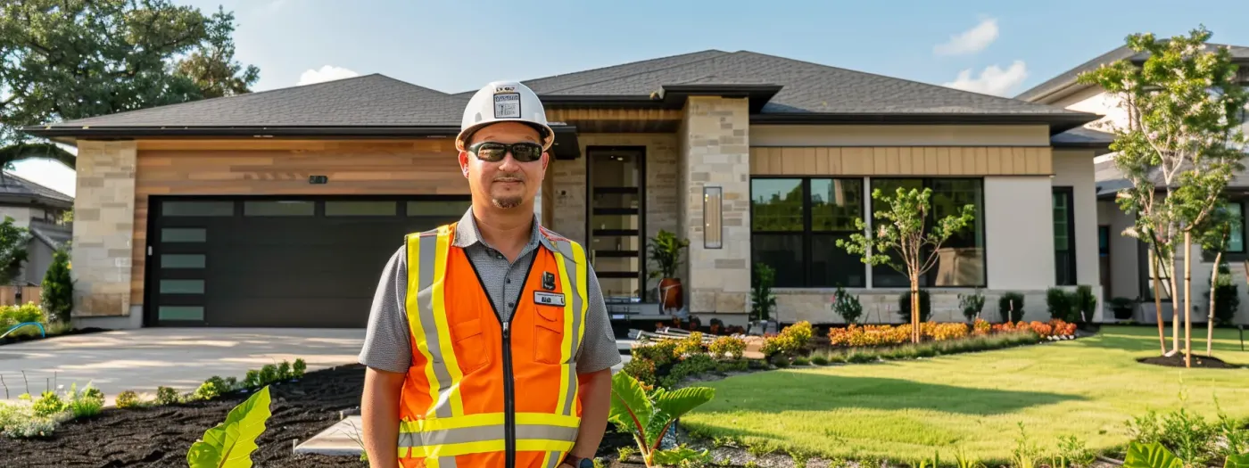 Home Builder SEO 1 a construction worker standing proudly in front of a newly built, modern home, surrounded by lush green landscaping, showcasing the success of effective seo strategies for home builders.