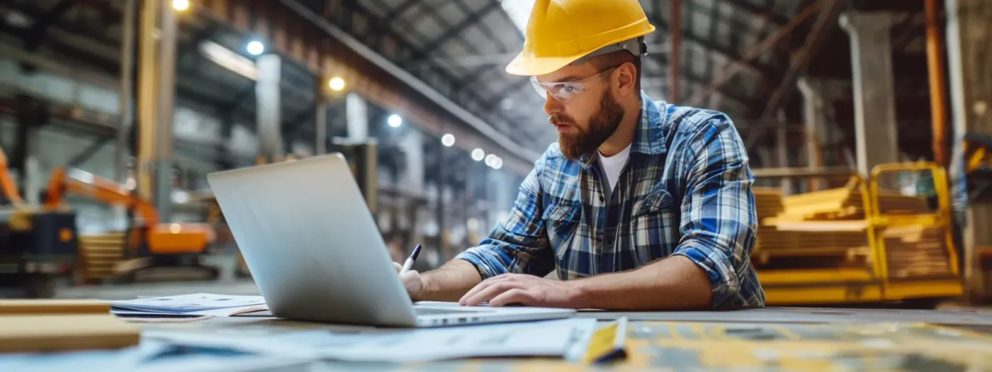 Maximizing Facebook Content for Enhanced Home Builder Brand Visibility 5 a construction worker carefully crafting a targeted facebook ad campaign on a laptop, surrounded by notes and charts for maximum reach.