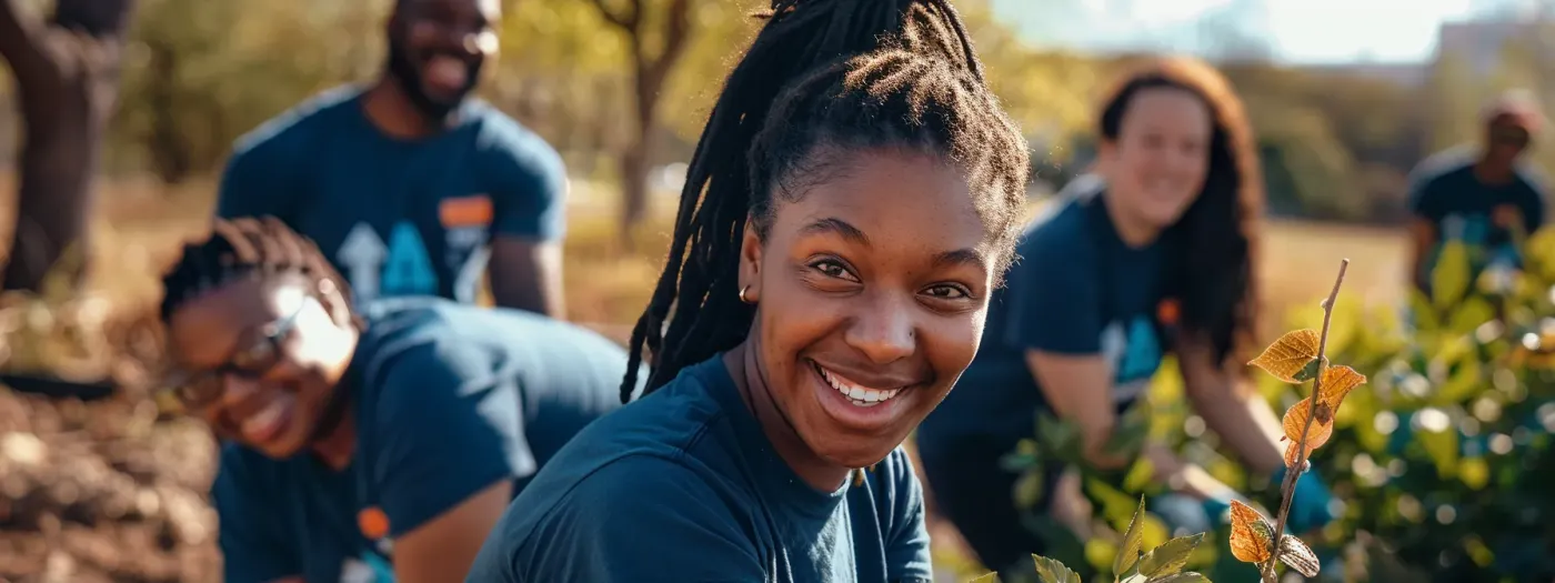 nstagram Marketing Strategies for Home Builders 5 a group of diverse individuals participating in a community clean-up event, wearing branded t-shirts and smiling as they work together to build brand loyalty for a home building company on instagram.