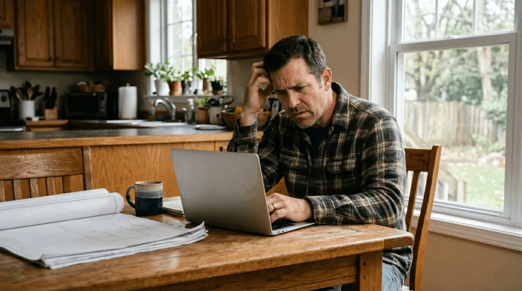 A frustrated home builder in his mid-40s sitting at a kitchen table