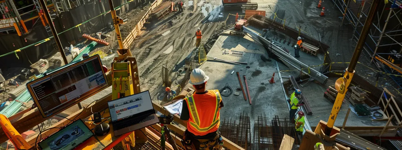 Powerful Email Tools for Builders 5 a construction site with workers utilizing drag and drop features on a laptop to set up automated email sequences for improved sales.
