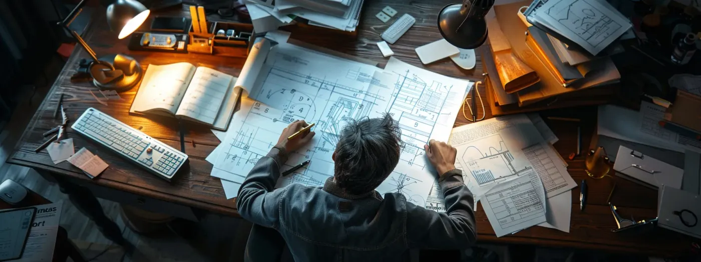Effective Keyword Selection Strategies for Home Builders 4 a builder studying blueprints and keyword charts on a cluttered desk, surrounded by competitor analysis notes and strategy diagrams.