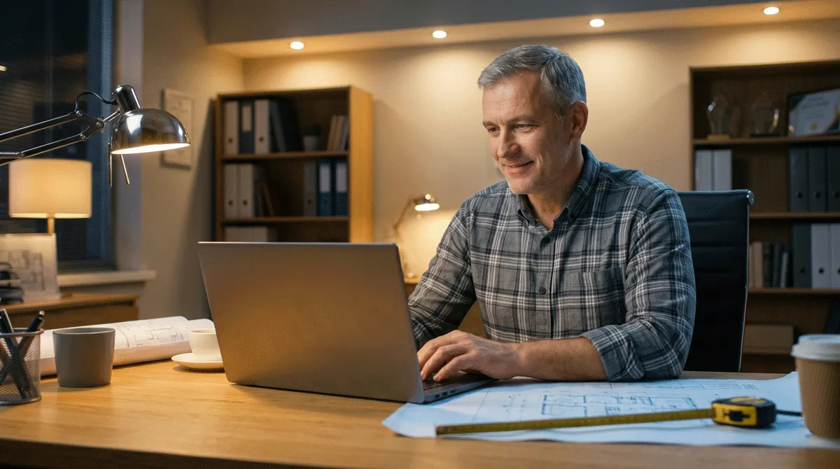 A home builder in his early 50s sits at a desk in a well-lit home office at night