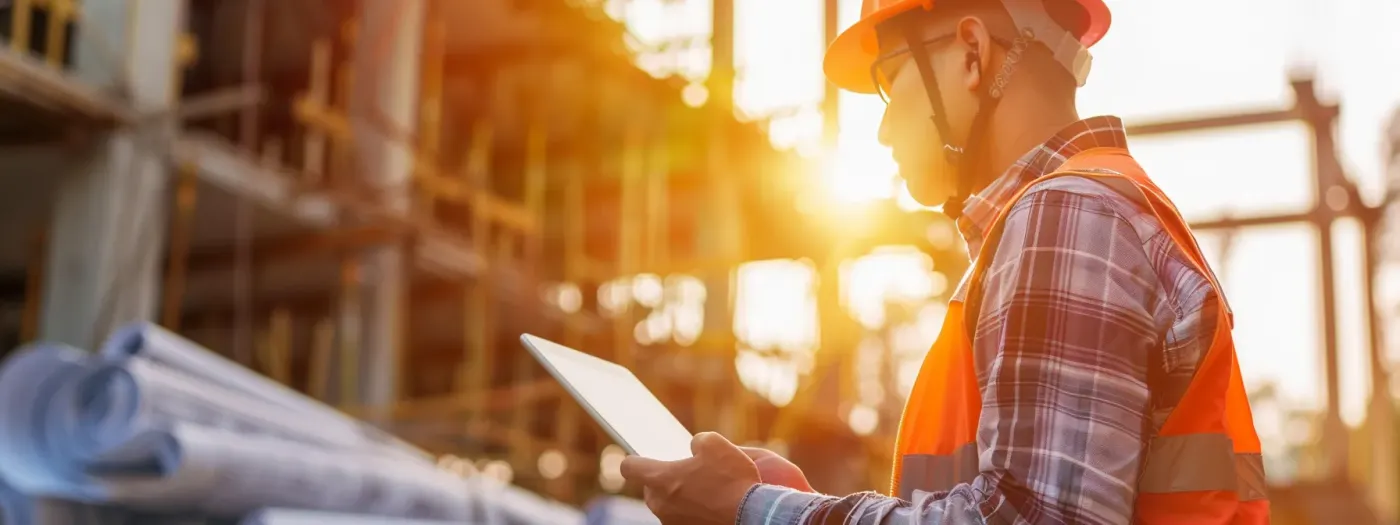 Blogs Packed With Expert Marketing Strategies for Home Builders 24 a construction worker checking their email on a tablet surrounded by blueprints and hardhat on a sunny construction site.
