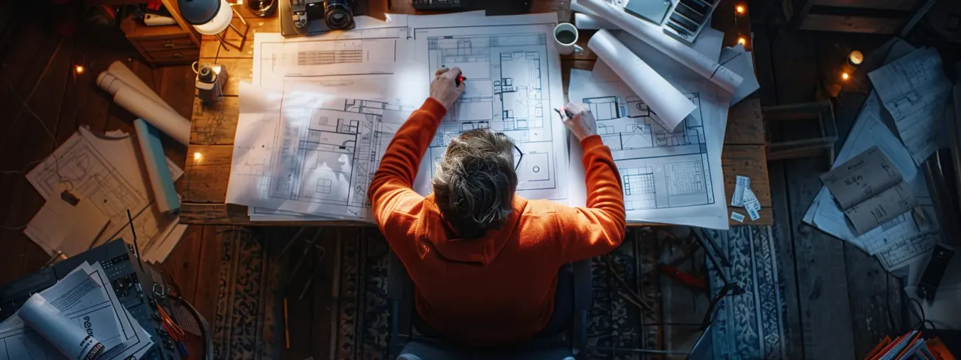 Maximizing Home Builder Email Campaigns for Elevated Marketing Success 1 a builder crafting personalized emails at a desk surrounded by blueprints and design sketches.