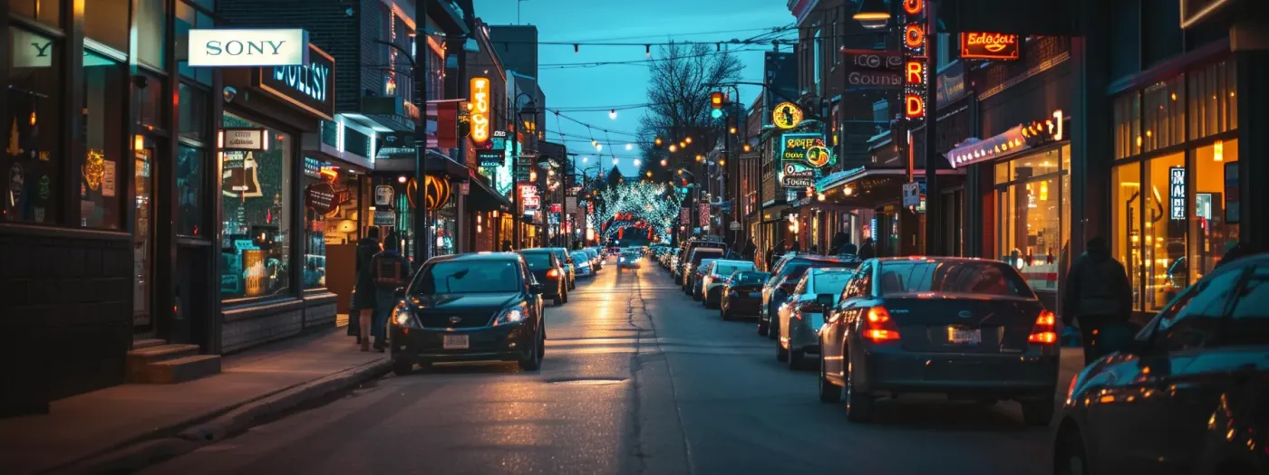 Boost Your Manitoba Business Through Strategic Online Promotion 3 a bustling street in manitoba adorned with vibrant local businesses, each proudly displaying their optimized google my business listings and glowing customer reviews.