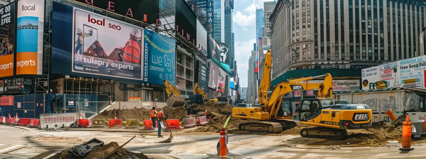 Mastering Home Builder SEO 5 a bustling construction site with a banner showcasing