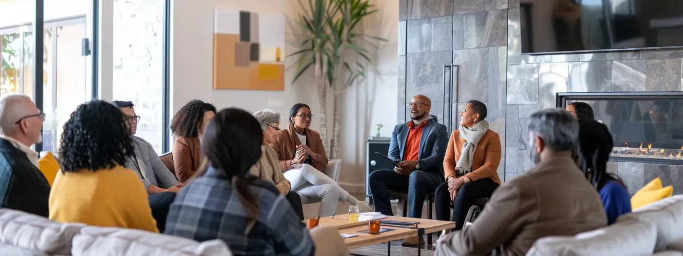 Maximizing Social Media Impact for Home Construction Brands 5 a group of diverse individuals actively participating in a live q&a session hosted by a home construction brand, engaging with industry experts and influencers.