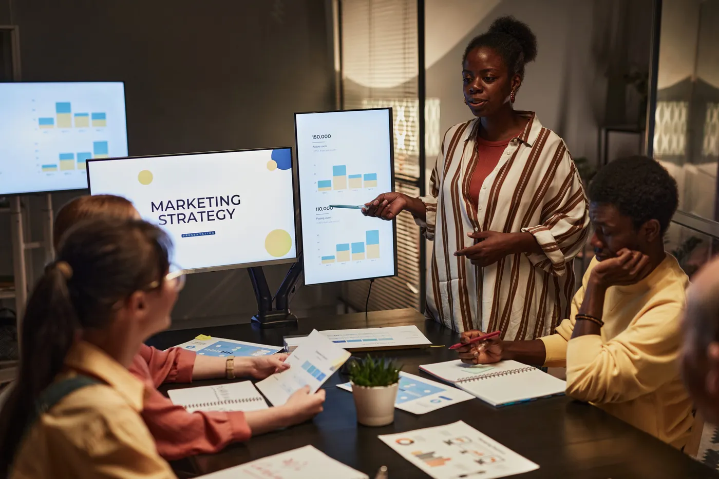 Blogs Packed With Expert Marketing Strategies for Home Builders 19 Marketing team presenting home builder marketing strategies with data charts