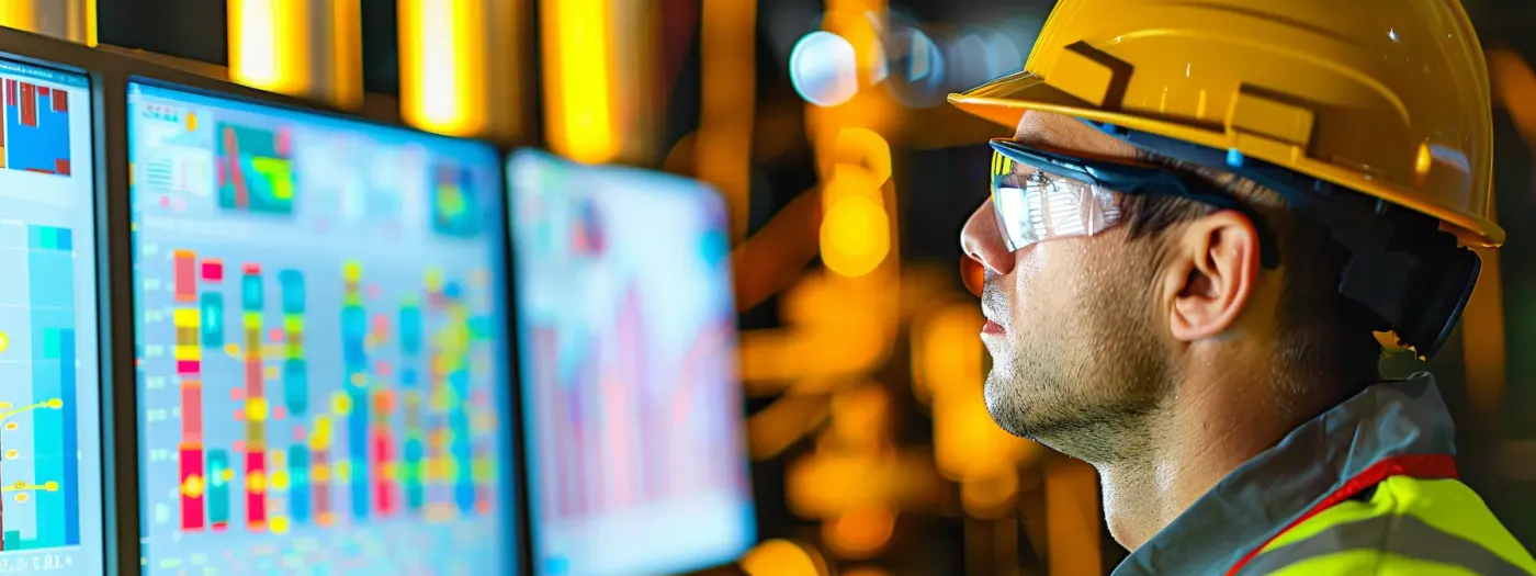 Crafting a Winning SEO Strategy for Home Builders 6 a construction worker analyzing a computer screen filled with colorful graphs and data charts, focusing intently on tracking key metrics for their seo strategy.