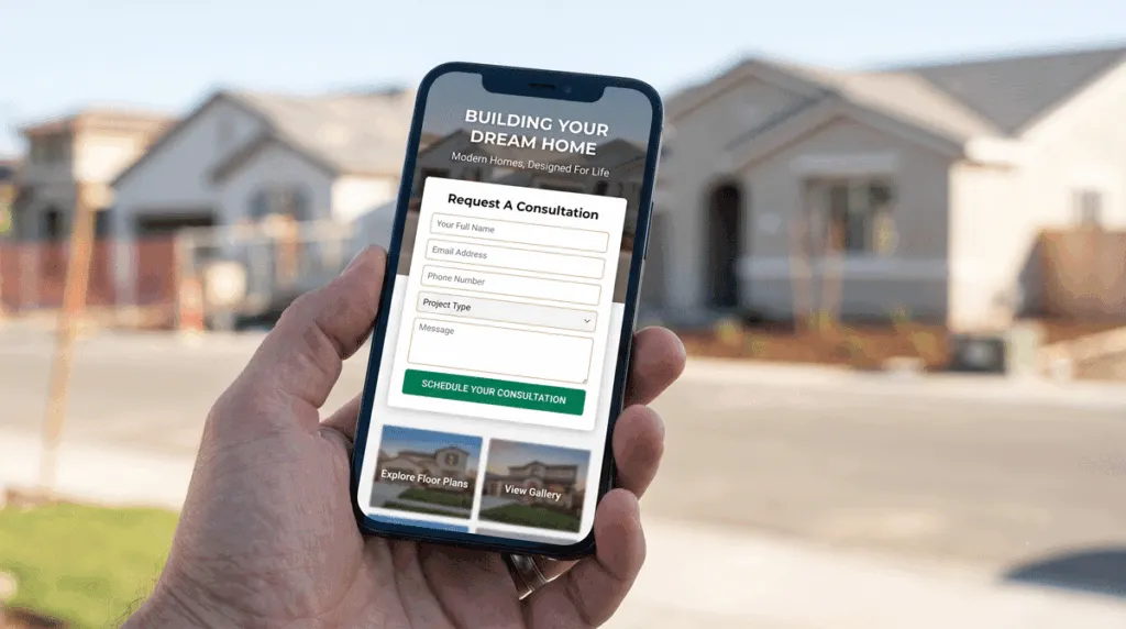 The "Silent Salesman": How to Turn Your Static Website Into a 24/7 Lead Machine 2 a smartphone screen in someone's hand showing a home builder's website with a prominent lead capture form and a "Schedule Your Consultation" CTA button.