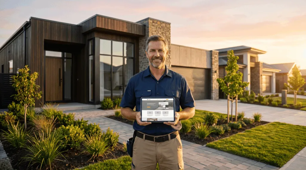 Your Website is Leaking Money: 3 "Invisible" Design Flaws Costing You Custom Builds 2 A general contractor standing in front of a newly completed modern suburban home