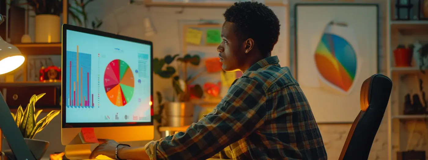 Instagram Marketing Made Easy: Powerful Hacks for Home Builder Success 6 a builder studying a colorful graph on a computer screen, surrounded by marketing materials and tools to enhance their instagram marketing approach.