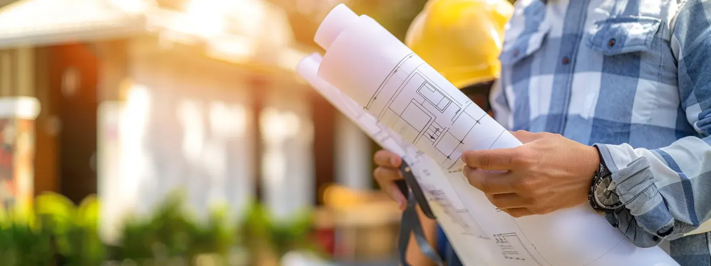 Crafting a Winning SEO Strategy for Home Builders 3 a construction worker holding a blueprint in front of a newly built home, surrounded by tools and materials, showcasing the importance of effective keyword research for the home building industry.
