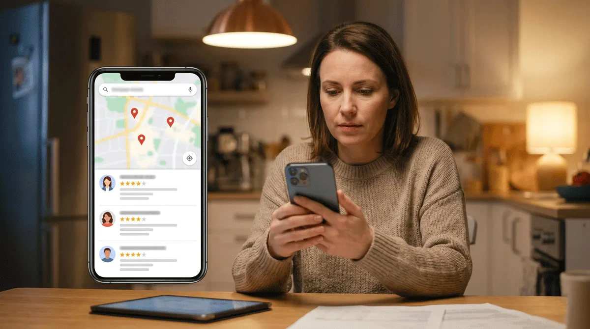 A homeowner sitting at a kitchen table in the evening, holding a smartphone showing a Google Maps