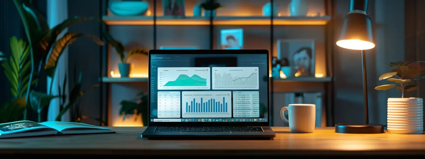 Home Builder Email Marketing: Essential Metrics for Success 2 a laptop screen displaying a sleek email marketing dashboard with graphs and kpis, surrounded by modern home design magazines and social media icons.