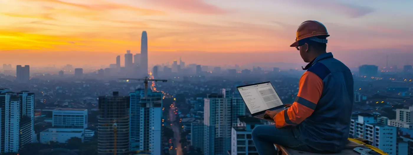 Home Building Leads Using Local SEO Techniques 1 a construction worker optimizing a website on a laptop with a clear view of a vibrant city skyline in the background.