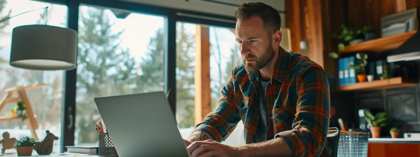Maximizing Social Media Impact for Home Construction Brands 2 a construction brand owner carefully analyzing platform demographics and user behavior on a laptop, surrounded by vibrant visual project showcases on instagram, professional conversations on linkedin, and engaging updates on facebook.