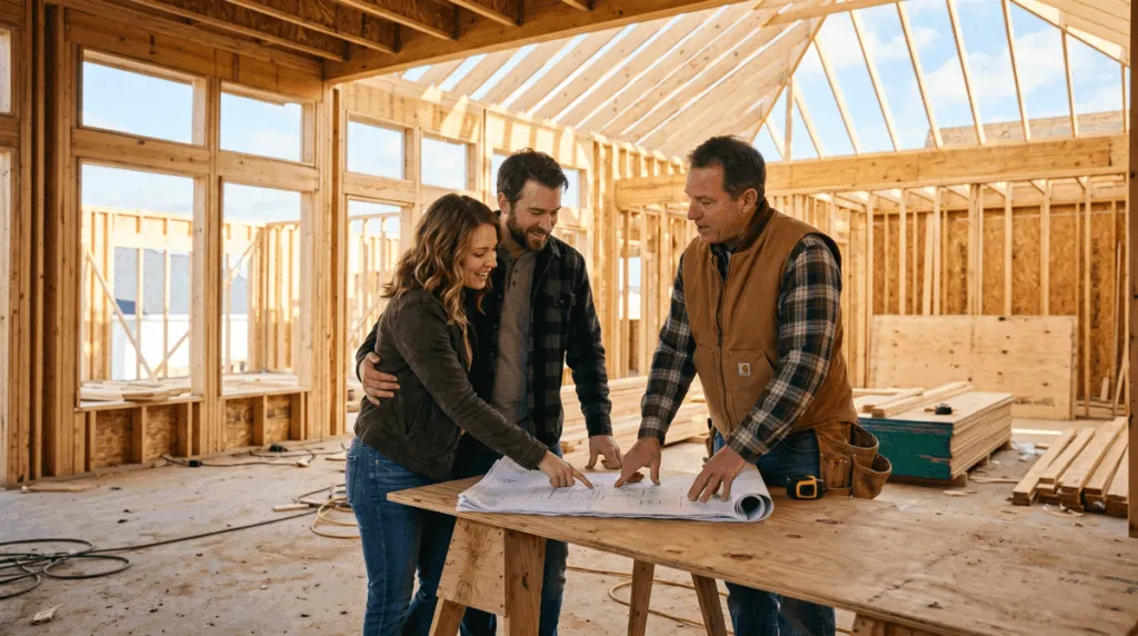 The "Silent Salesman": How to Turn Your Static Website Into a 24/7 Lead Machine 1 A homeowner couple in their late 30s standing in their unfinished custom home frame
