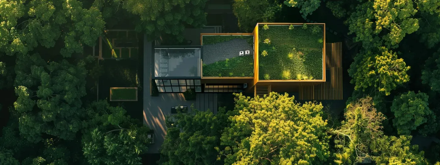 Why Visuals Are Key in Home Builder Social Media Strategies 1 a captivating aerial view of a modern home surrounded by lush greenery, showcasing the visual impact and credibility of imagery in home builder social media strategies.