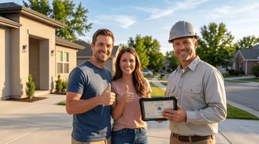 Dominate or Disappear: The Google Maps Strategy That Kills Local Competition 2 A satisfied homeowner couple standing in front of their newly completed home