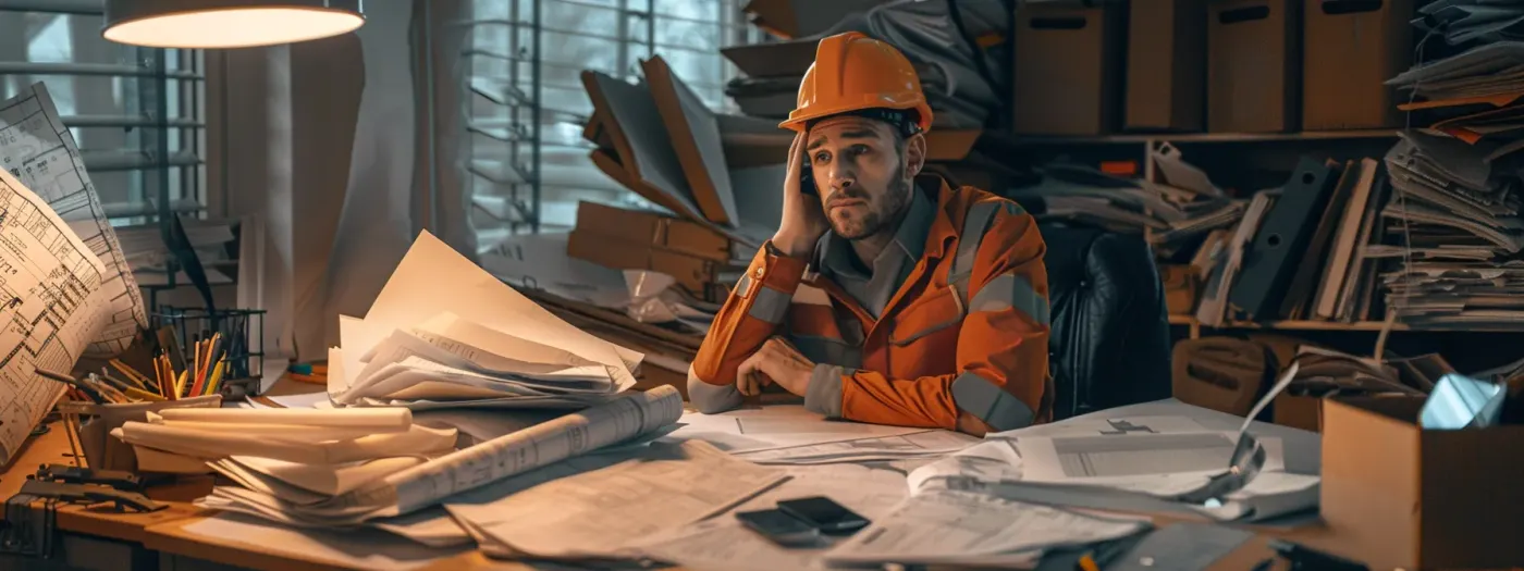 Powerful Email Tools for Builders 1 a construction worker looking frustrated while juggling a pile of paperwork and a phone, surrounded by a cluttered desk with scattered blueprints and unfinished projects.