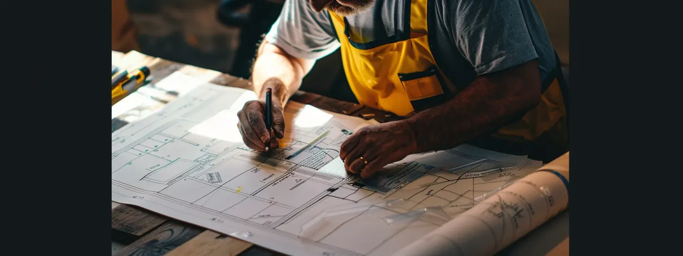Crafting a Winning SEO Strategy for Home Builders 4 a construction worker carefully placing keywords and header tags on a blueprint, enhancing the relevance of website content for improved online visibility.