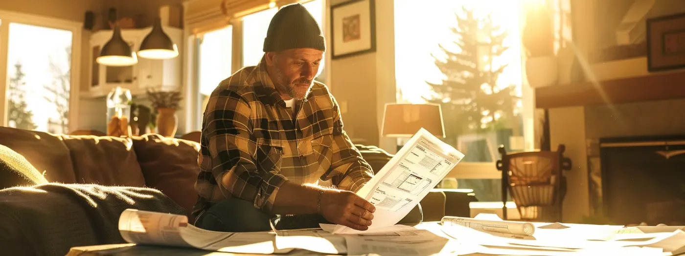 Home Builder Email Marketing: Essential Metrics for Success 1 a builder sending a personalized email to a prospective home buyer, surrounded by architectural blueprints and design sketches.