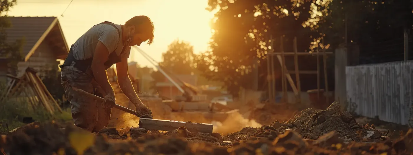Mastering Home Builder SEO 4 a construction worker placing a solid foundation for a new home, symbolizing the importance of building a strong backlink profile for home builders.