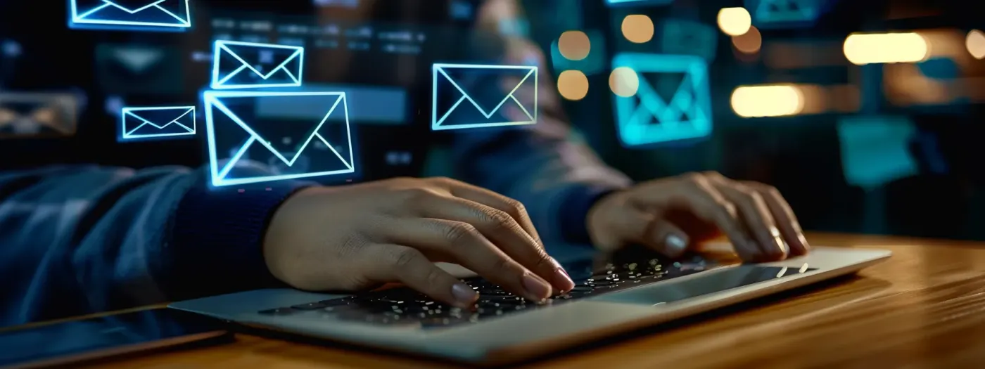 Maximizing Home Builder Email Campaigns for Elevated Marketing Success 4 a person typing on a sleek laptop with multiple customized email templates displayed on the screen, showcasing targeted content tailored to individual recipients.