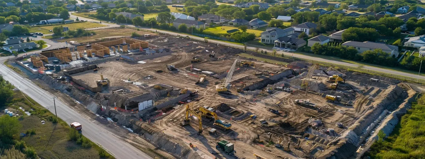 Why Visuals Are Key in Home Builder Social Media Strategies 6 an aerial shot of a bustling construction site with workers and equipment, showcasing the behind-the-scenes process of home building.