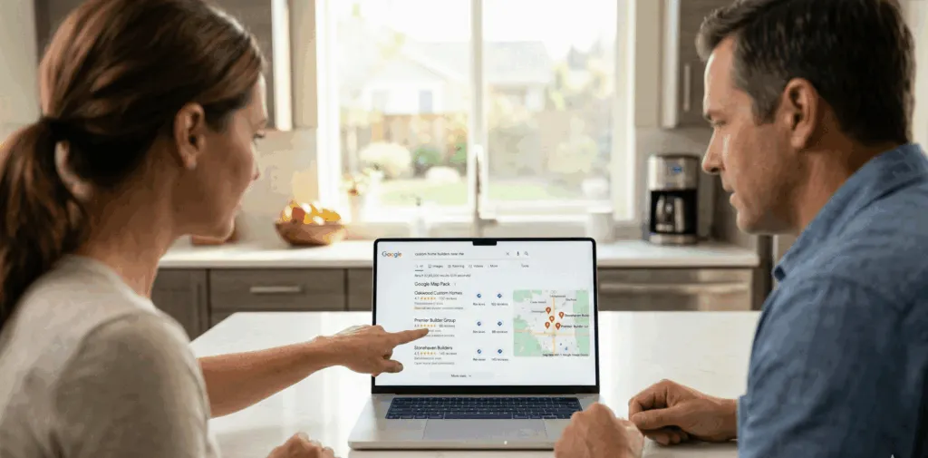 Couple searching for home builders on a laptop showing Google local search results