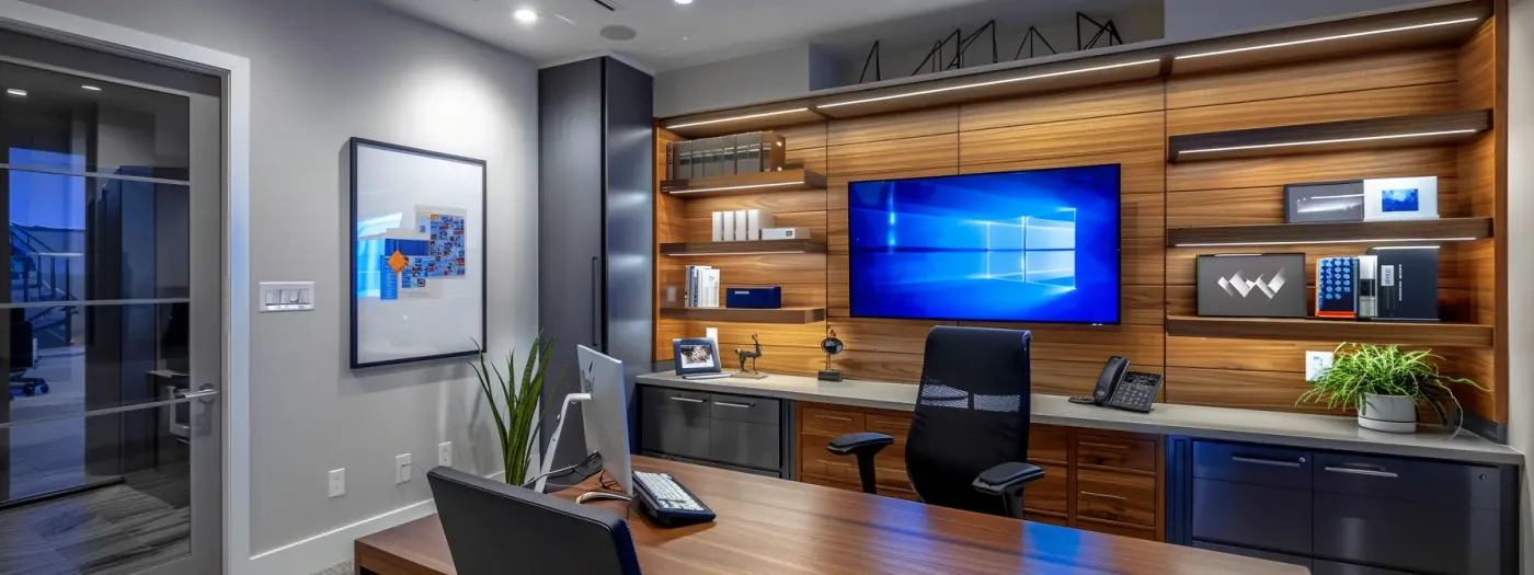 Home Builder Email Marketing: Essential Metrics for Success 6 a modern home builder's office with a sleek computer screen displaying a cohesive email marketing campaign integrated with social media and content marketing strategies.