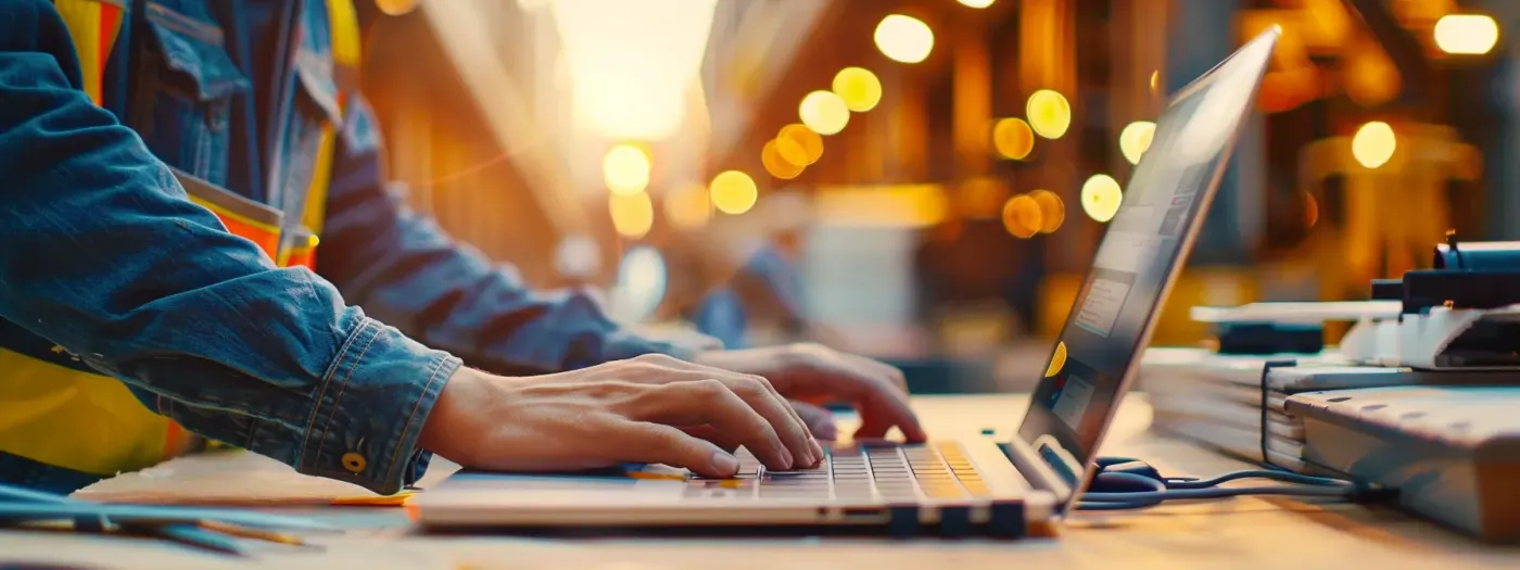 Powerful Email Tools for Builders 2 a construction worker using a specialized email automation tool on a laptop, with a sleek and efficient interface displaying customer communication and follow-up processes.