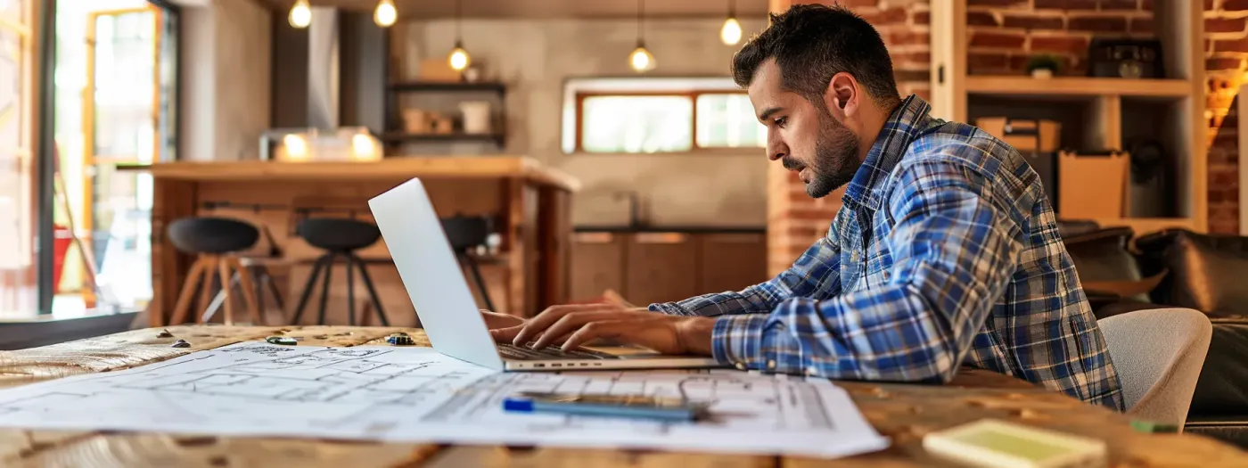 Grow Your Home Builder Site on Google 2 a construction worker typing high-value keywords on a laptop surrounded by architectural blueprints and site plans to optimize web design for higher visibility.