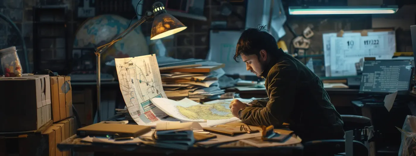 Home Builder SEO 2 a construction worker studying a map of local neighborhoods, surrounded by stacks of blueprints and a computer displaying competitor keyword analysis data.