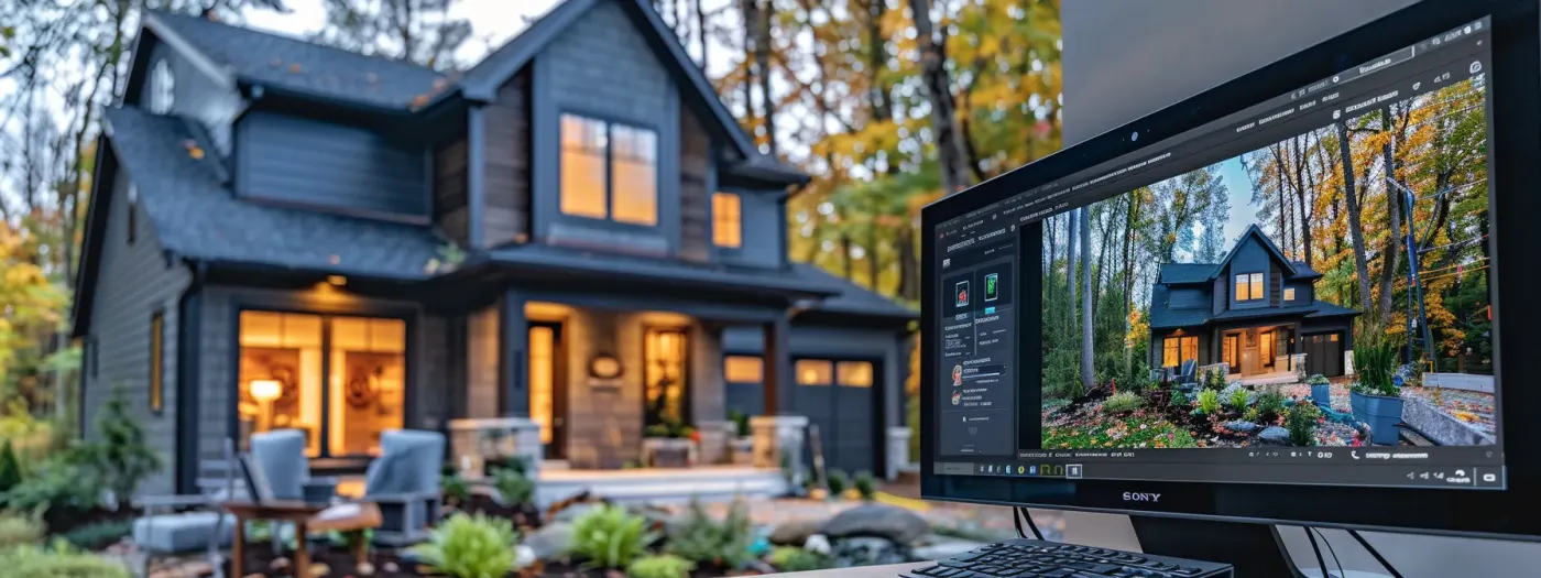 Effective Strategies for Enhancing Home Builder SEO 4 a home builder at a computer screen, surrounded by vibrant images of completed projects and positive client testimonials, showcasing compelling content creation to engage prospective clients effectively.