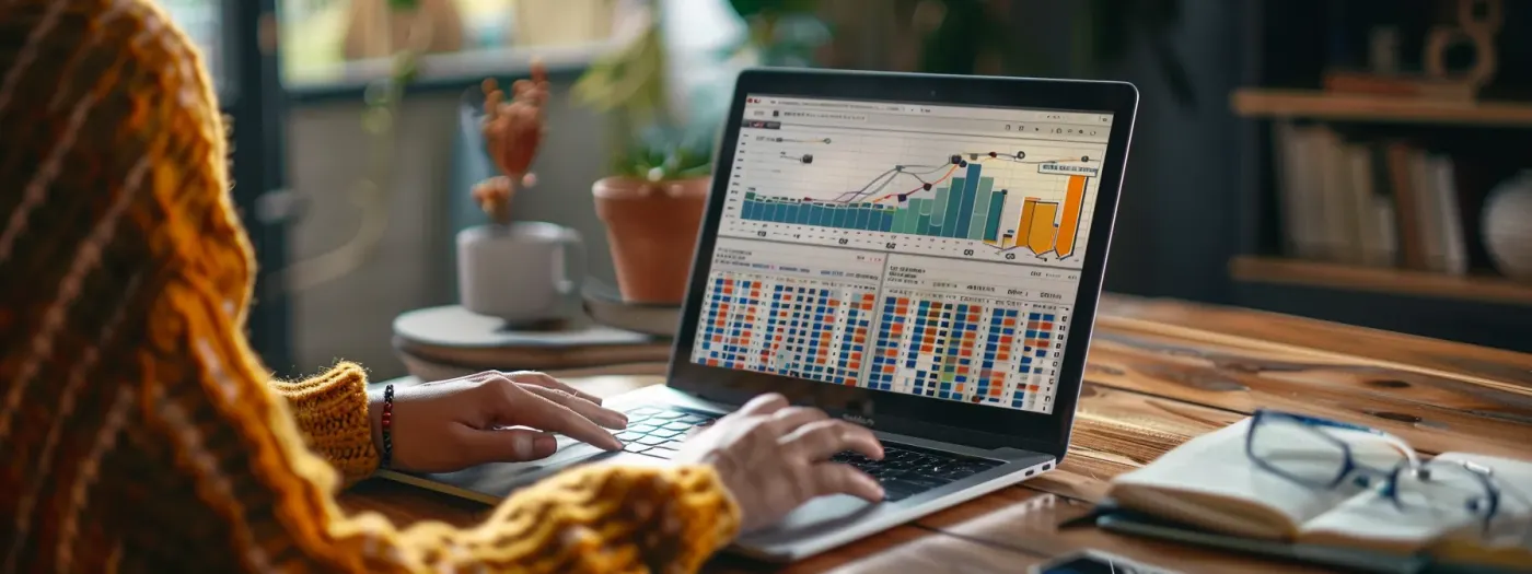 Home Builder Email Marketing: Essential Metrics for Success 4 a person typing on a laptop surrounded by charts and graphs, optimizing email marketing metrics.