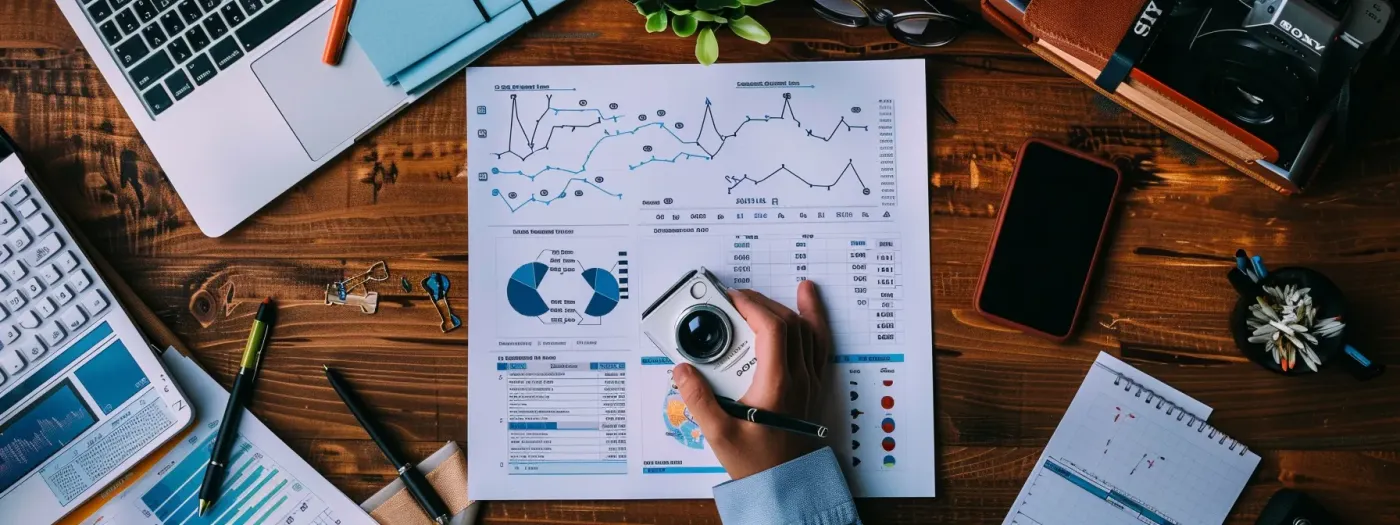 Effective Keyword Selection Strategies for Home Builders 3 a person analyzing data on a computer screen with charts and graphs, surrounded by keyword research tools and notebooks.