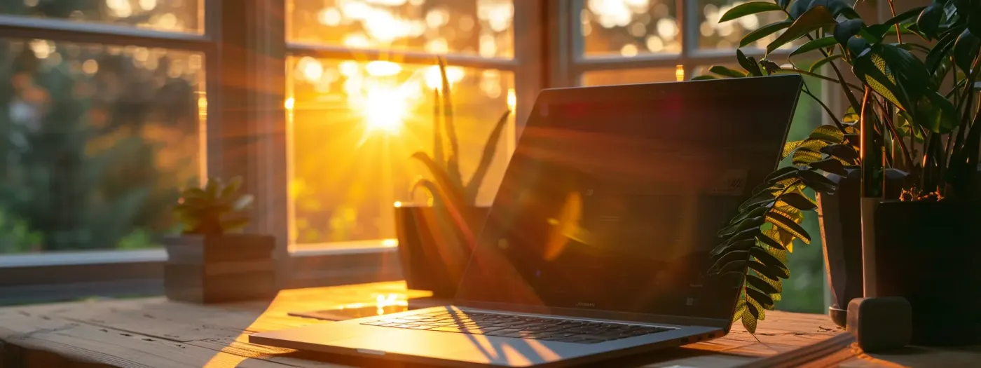 Blogs Packed With Expert Marketing Strategies for Home Builders 26 sunlight streaming through a window illuminating a sleek home builder marketing email template on a laptop screen.