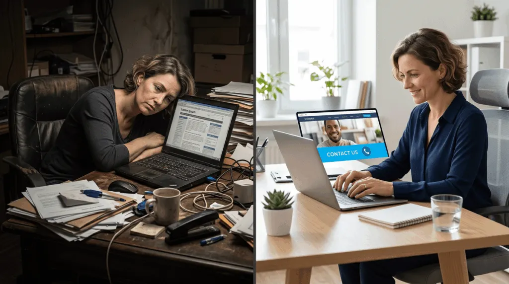 Your Website is Leaking Money: 3 "Invisible" Design Flaws Costing You Custom Builds 1 A side-by-side visual concept: on the left, a dark cluttered office desk with a neglected laptop showing a generic website, on the right, a clean modern desk with a bright laptop showing a well-structured homepage with a visible contact button