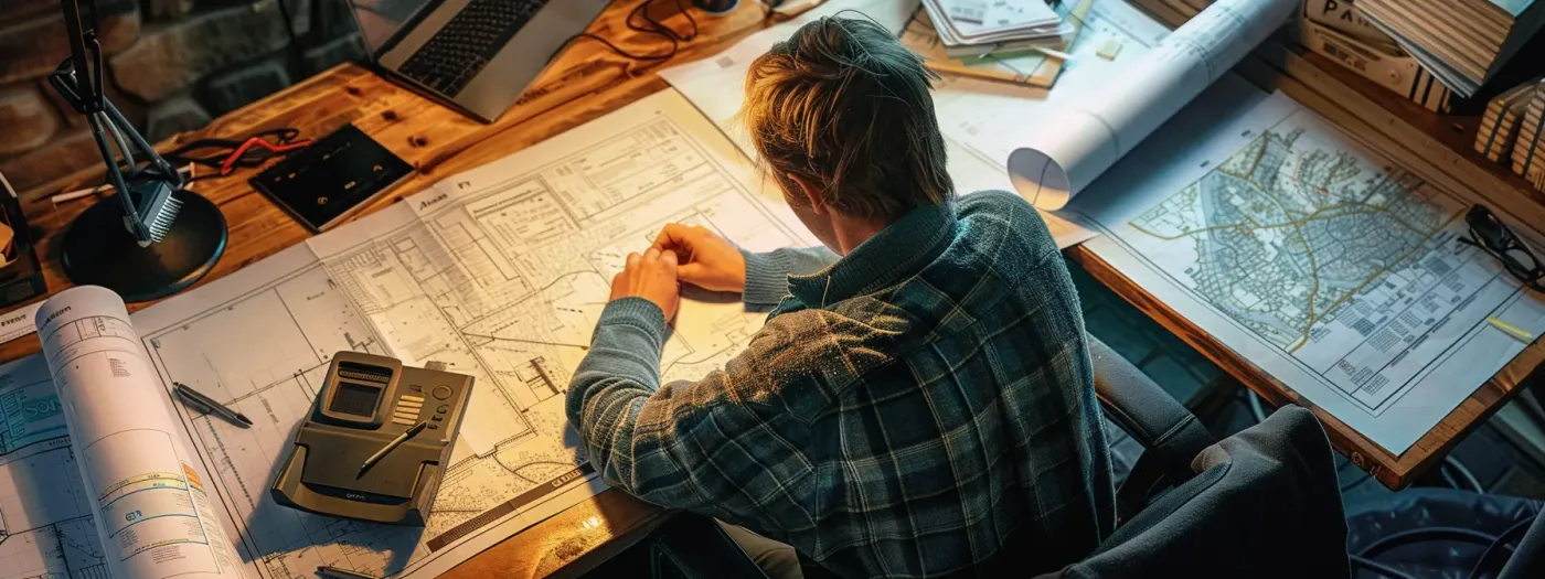 Effective Keyword Selection Strategies for Home Builders 2 a home builder studying blueprints and market data at a desk, surrounded by local area maps and construction materials.