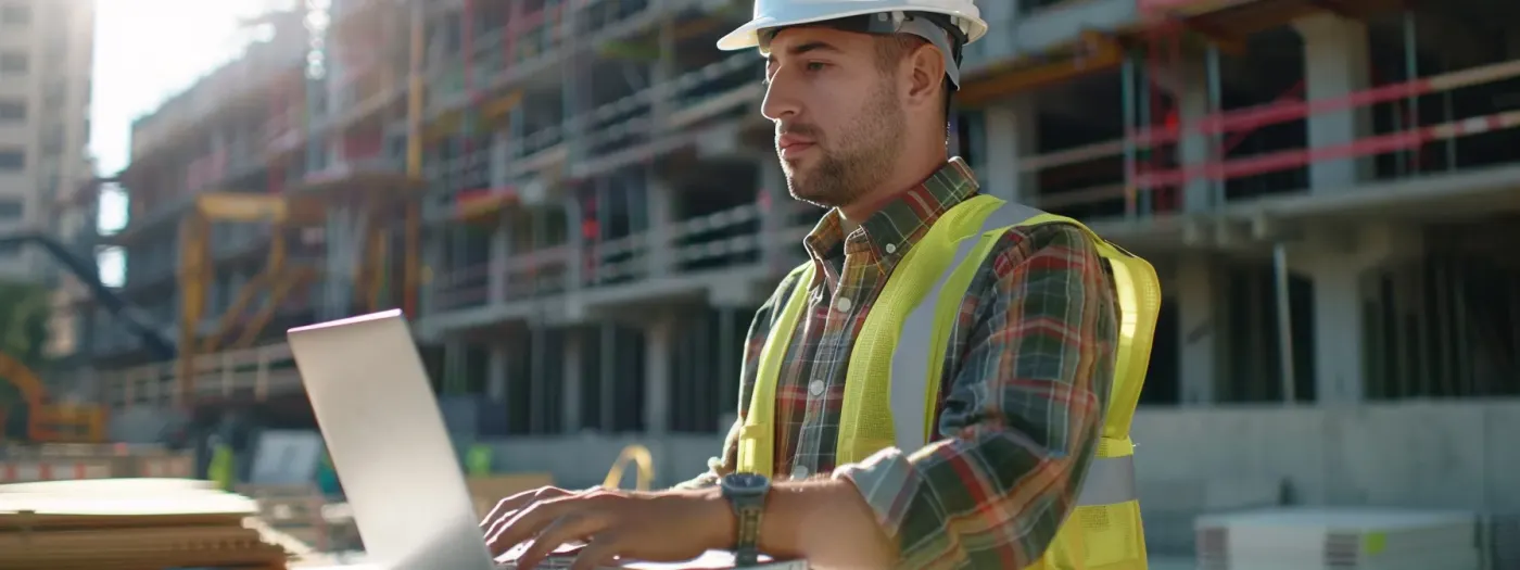 Powerful Email Tools for Builders 3 a construction worker in a hard hat using a laptop on a building site, surrounded by a digital interface of personalized client emails and automated follow-up reminders.