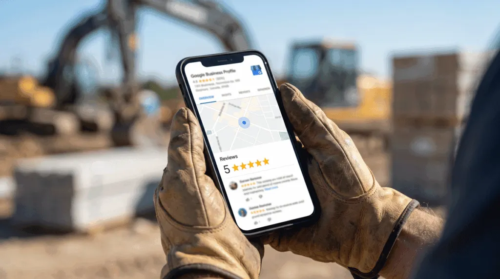 Dominate or Disappear: The Google Maps Strategy That Kills Local Competition 1 a contractor's hands holding a smartphone, setting up or reviewing a Google Business Profile