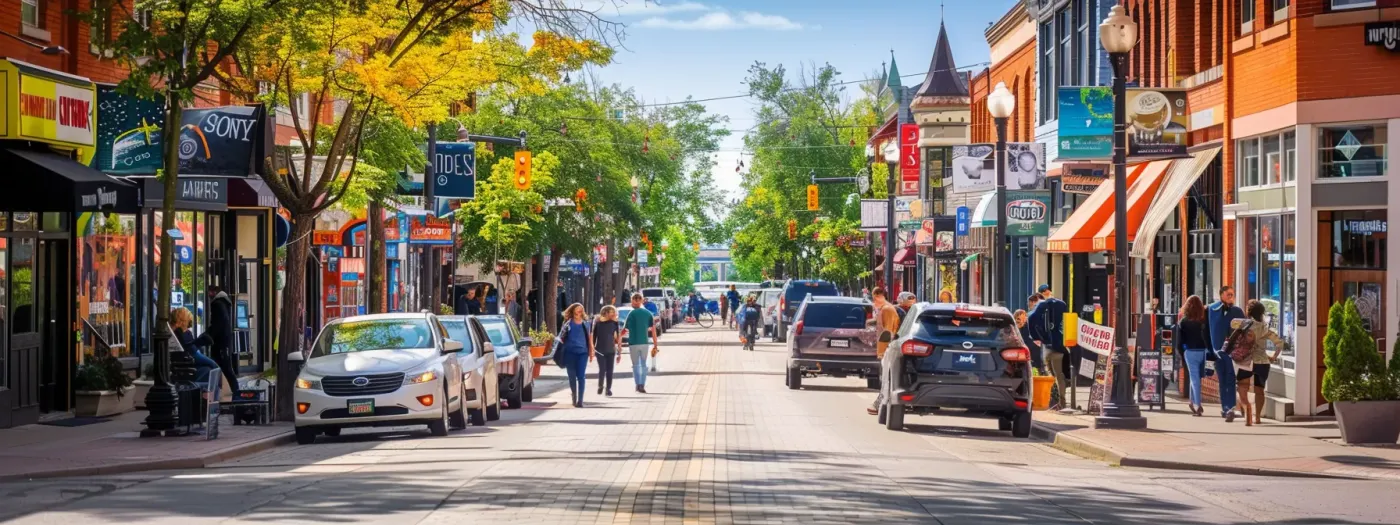 Boost Your Manitoba Business Through Strategic Online Promotion 1 a vibrant, bustling street in manitoba lined with local businesses showcasing their products online, attracting a diverse array of potential customers.