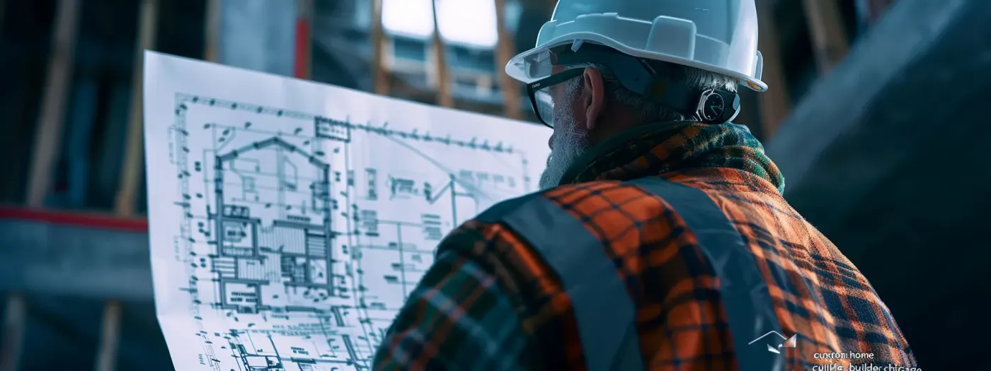 Effective Keyword Selection Strategies for Home Builders 5 a construction worker with a hard hat, focusing on a blueprint with keywords like