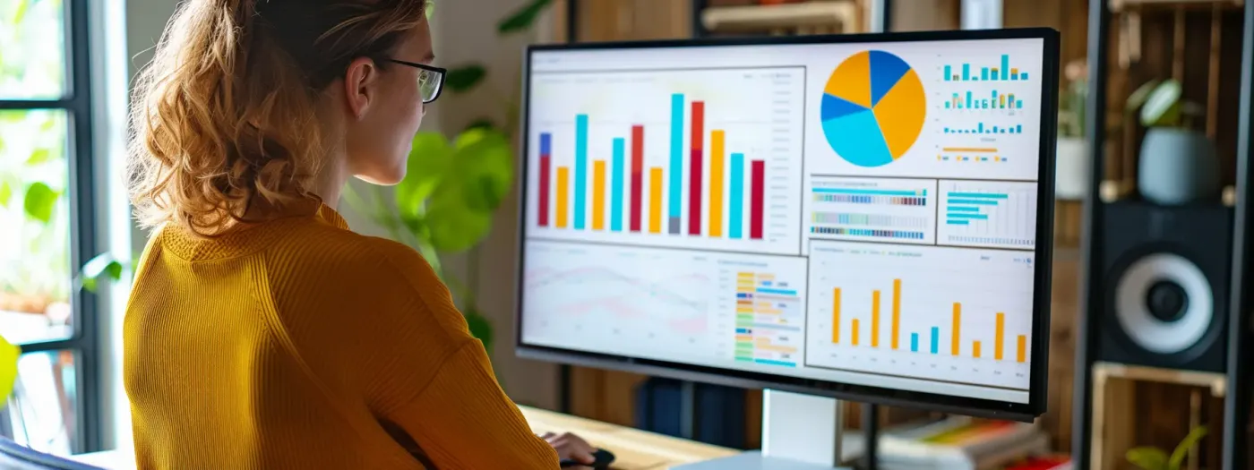 Home Builder Email Marketing: Essential Metrics for Success 5 a person analyzing colorful graphs and charts on a computer screen to refine email marketing efforts for a home building organization.